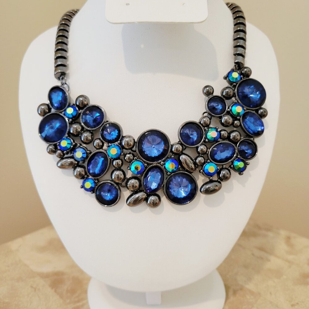 Bold Blue Crystal Bib Statement Necklace – Gunmetal Finish, Mid 2000s